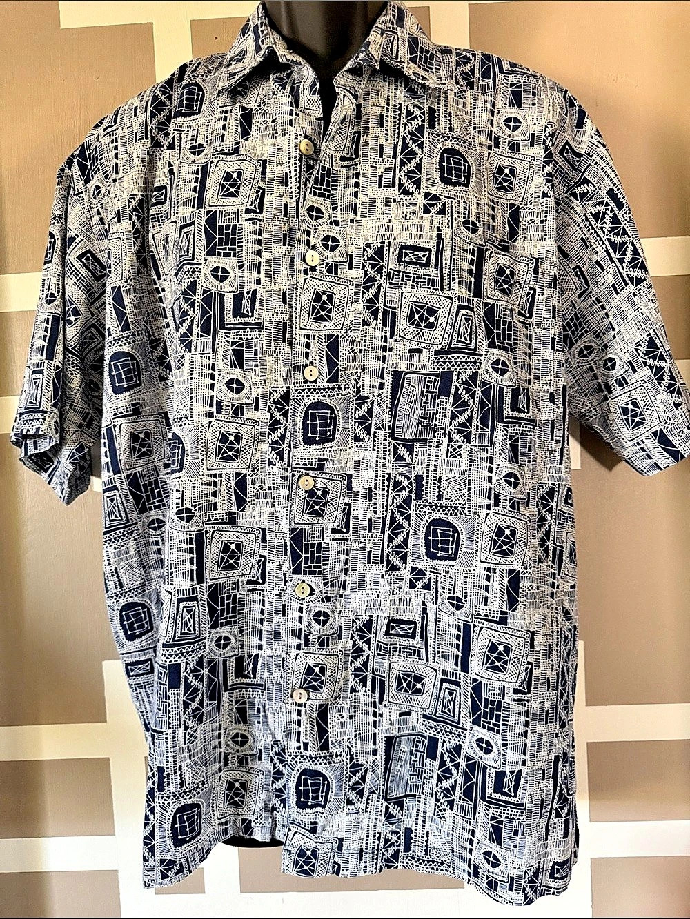 VINTAGE Tori Richard Men's Cotton Lawn Geometric Aloha Shirt M EXC CONDITION
